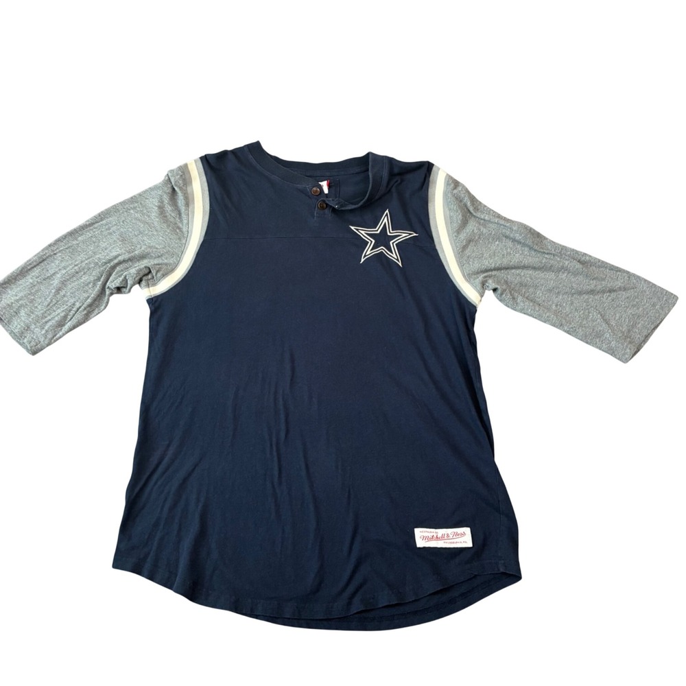 Mitchell & Ness Henley Shirt Mens Large Blue Grey Dallas Cowboys NFL Throwbacks